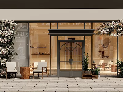 Stylish Shopping Mall Storefront With Glass Windows Flower Decor Green Plants And Wooden Chairs 3d model