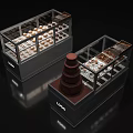 Modern Display Shelves Showcasing Chocolates Donuts And Desserts In Glass Cases