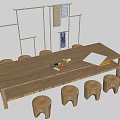 Minimalist Wooden Dining Table And Round Stools Set With Shelves And Wall Decor