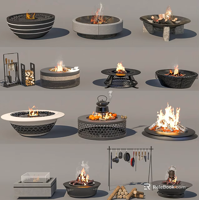 Camping Site With Various Fire Pits Burning Flames And Cooking Utensils 3d model 
