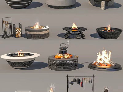 Camping Site With Various Fire Pits Burning Flames And Cooking Utensils 3d model