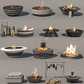 Camping Site With Various Fire Pits Burning Flames And Cooking Utensils 3d model