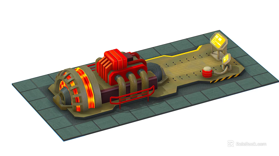 Industrial Machinery Equipment With Red Structure Glowing Orange Elements Platform Warning Stripes And Yellow Lights 3d model 