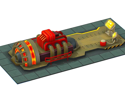Industrial Machinery Equipment With Red Structure Glowing Orange Elements Platform Warning Stripes And Yellow Lights 3d model