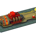 Industrial Machinery Equipment With Red Structure Glowing Orange Elements Platform Warning Stripes And Yellow Lights
