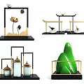 Elegant Black Gold Decorative Ornament Set With Bird Figurines And Green Stone Bases