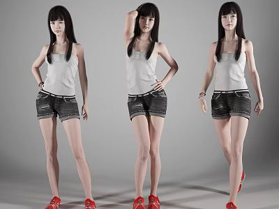 Young Woman In White Tank Top Dark Shorts Red Shoes With Three Different Poses 3d model