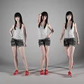 Young Woman In White Tank Top Dark Shorts Red Shoes With Three Different Poses