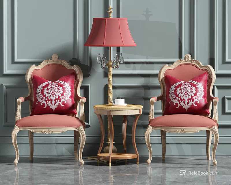 Leisure Sofa Set With Red Patterned Cushions Wooden Carved Frames Small Table And Floor Lamp 3d model