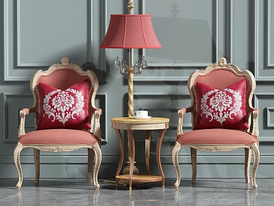 Leisure Sofa Set With Red Patterned Cushions Wooden Carved Frames Small Table And Floor Lamp 3d model