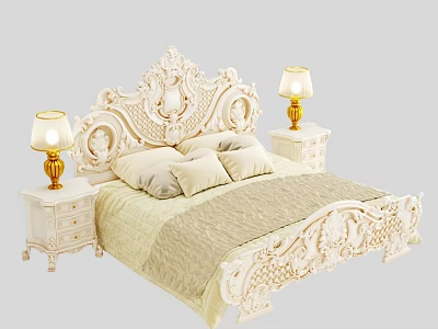 Ornate European Double Bed With Carved Headboard Light Bedding Side Nightstands Gold Lamps Beige Shades 3d model