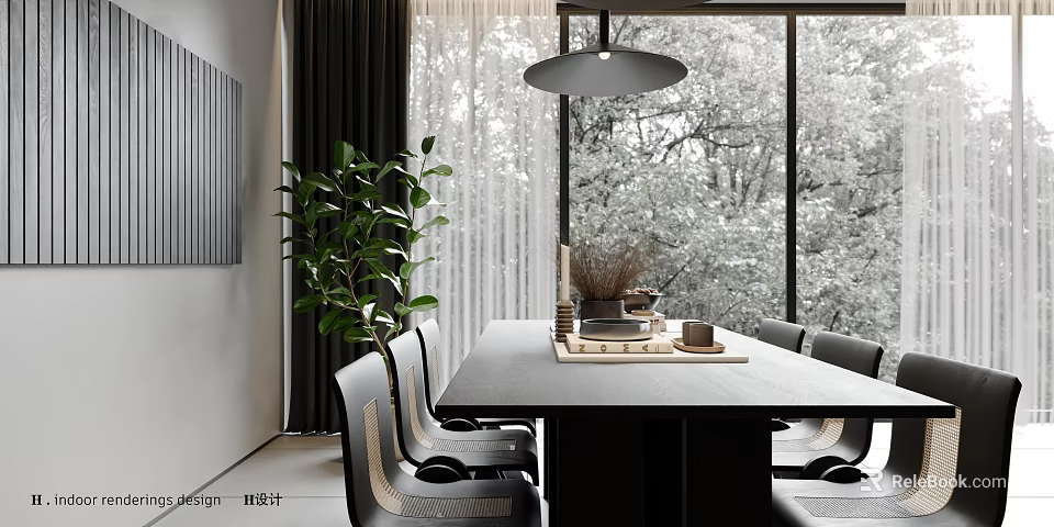 Modern Dining Living Room Interior With Large Window Green Plants Black Dining Table And Chairs 3d model 