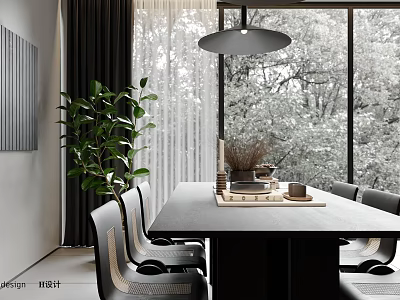 Modern Dining Living Room Interior With Large Window Green Plants Black Dining Table And Chairs 3d model