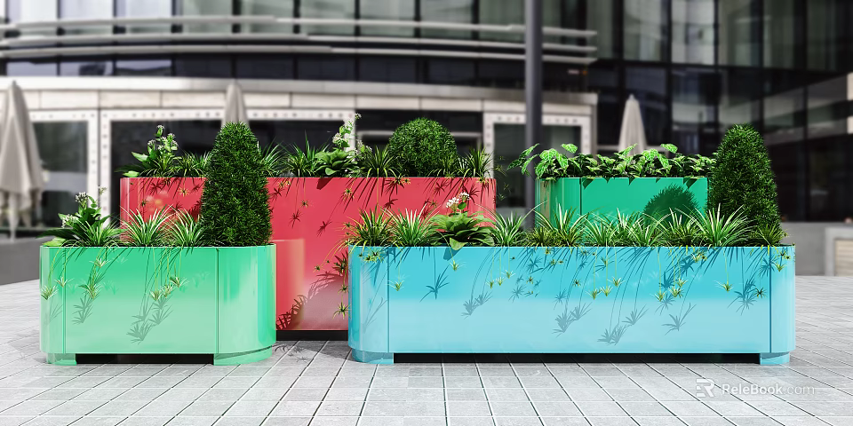 Colorful Rectangular Planters With Various Green Potted Plants In Modern Building Area 3d model 