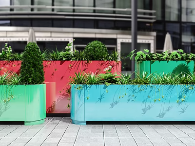 Colorful Rectangular Planters With Various Green Potted Plants In Modern Building Area 3d model