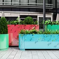 Colorful Rectangular Planters With Various Green Potted Plants In Modern Building Area 3d model