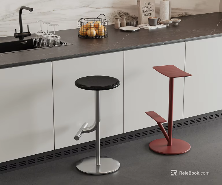 Stylish Modern Kitchen Counter Featuring Adjustable Black And Red Bar Stools 3d model