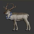 Decorative Reindeer Figurine With Large Antlers Blue And White Wreath Around Neck On Gray Background