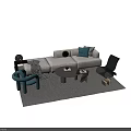 Modern Living Room Gray Sofa Coffee Table Set With Blue Cushions And Decorative Elements 3d model