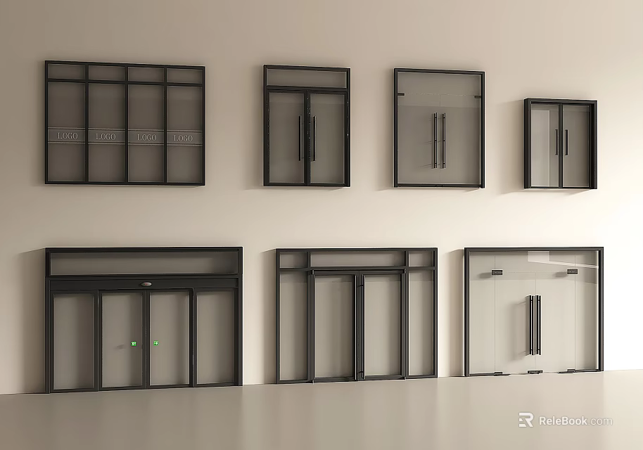 Different Styles of Modern Double Doors with Glass Panels and Black Frames 3d model 