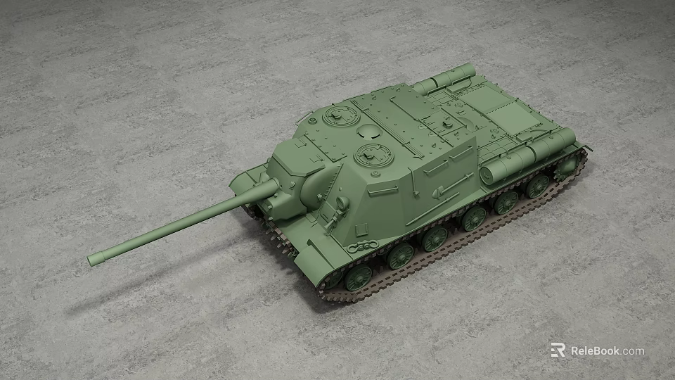 Green Military Tank Model With Long Gun Barrel Tracks And Top Hatches 3d model 