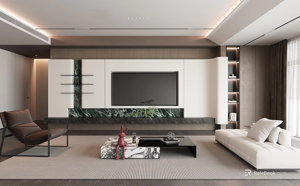 Modern Living Room Interior With TV Wall Marble Countertop White Sofa Dark Chair And Rug 3d model 
