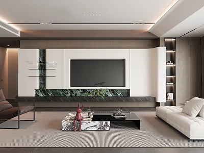 Modern Living Room Interior With TV Wall Marble Countertop White Sofa Dark Chair And Rug 3d model