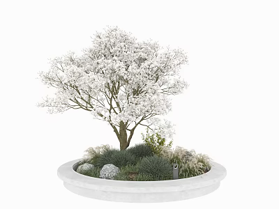 Circular White Flower Planter with Tree Blooming White Flowers Surrounded by Green Plants and Stones 3d model