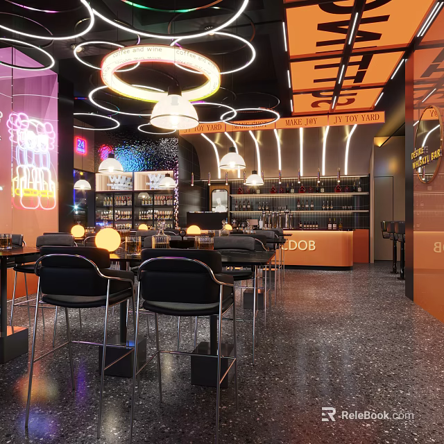 Modern Bar Interior With Neon Lights And Stylish Seating 3d model 