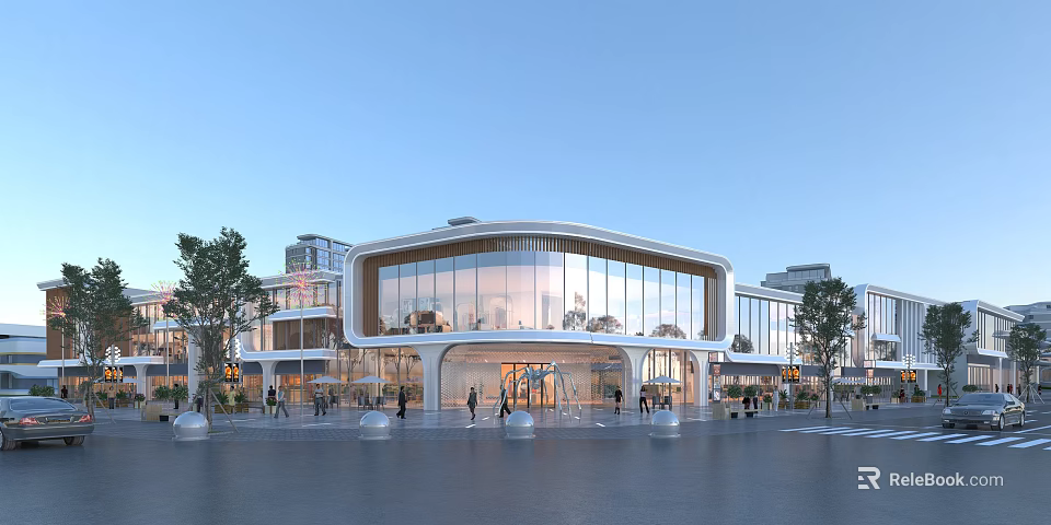 Modern Commercial Street With Glass Facade Buildings Pedestrian Walkway Water Feature And Trees 3d model 