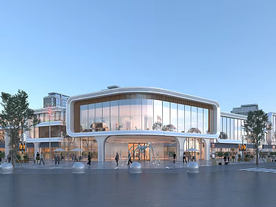Modern Commercial Street With Glass Facade Buildings Pedestrian Walkway Water Feature And Trees 3d model