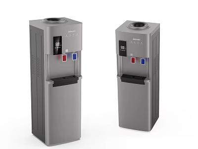 Two Gray Standing Water Dispensers With Digital Display And Red Blue Buttons 3d model