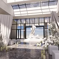 Elegant Banquet Hall Interior With White Decor Flower Arrangements Large Windows And Chandeliers
