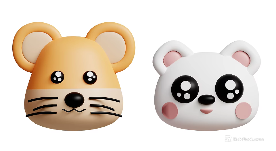 Cute Cartoon Mouse And Panda Head Figurines With Big Eyes And Ears 3d model 