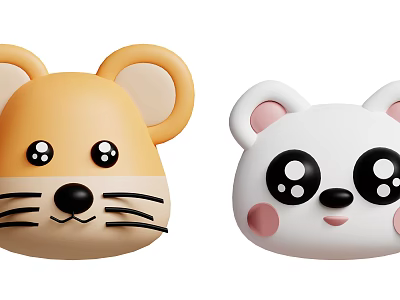 Cute Cartoon Mouse And Panda Head Figurines With Big Eyes And Ears 3d model