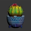 Cartoon Cactus Scene With Pink Flower Yellow Spines Blue Pot Geometric Patterns And Three Feet