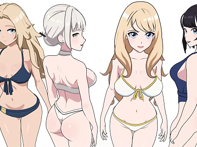 Anime Style Women in Bikini Outfits with Different Hairstyles and Poses 3d model