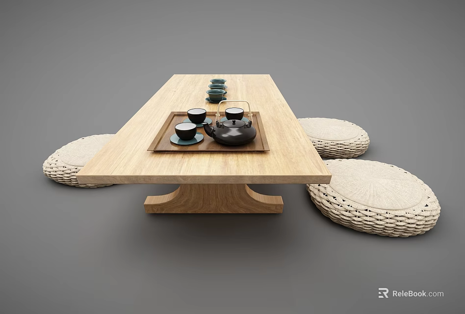 Wooden Tea Table with Round Woven Cushions and Tea Set Including Teapot and Teacups 3d model 