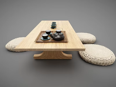 Wooden Tea Table with Round Woven Cushions and Tea Set Including Teapot and Teacups 3d model