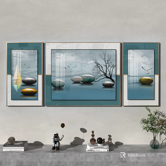 Three Panel Modern Art Wall Decor With Sailboat Stones Tree And Seagull 3d model