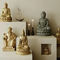 Golden Green Buddha Sculptures Carvings On White Display Stands With Lit Candles Incense And Calligraphy