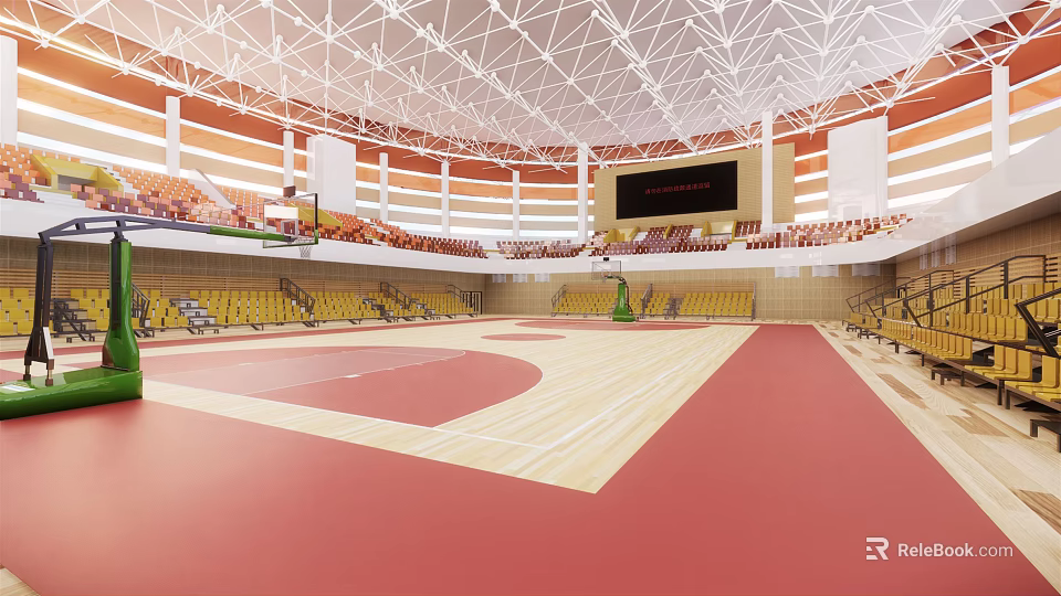 Spacious Indoor Sports Arena With Basketball Court Wooden Floor And Seating Areas 3d model 