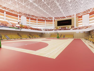 Spacious Indoor Sports Arena With Basketball Court Wooden Floor And Seating Areas 3d model