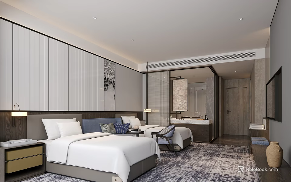 Modern Hotel Room With Large Bed White Bedding Gray Headboard Area Rug And Paneled Walls 3d model 
