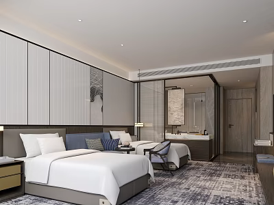 Modern Hotel Room With Large Bed White Bedding Gray Headboard Area Rug And Paneled Walls 3d model