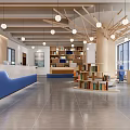 Tanzhou College Bright Reception Area With Blue Desk Display Boards Bookshelves And Pendant Lights