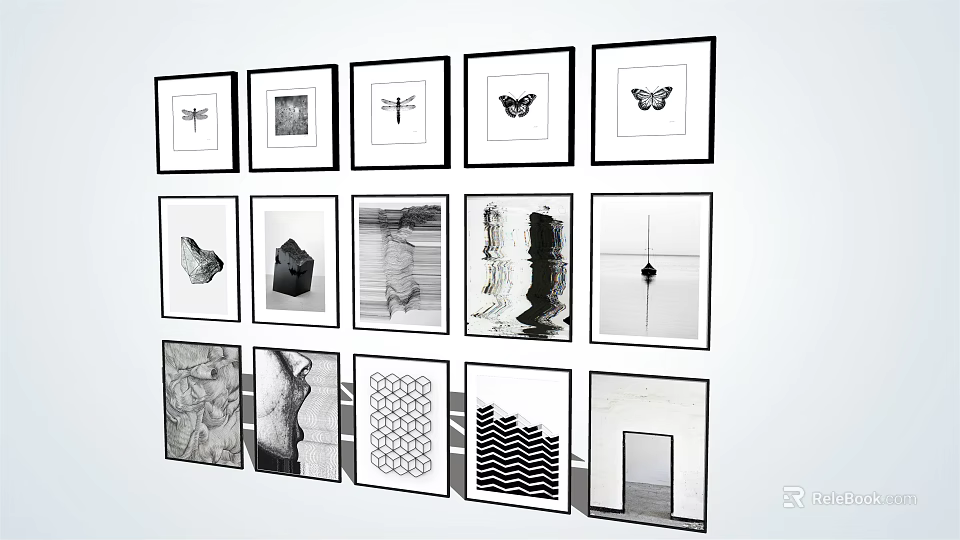 Multiple Black And White Framed Wall Art With Butterfly Dragonfly Stone And Wave Patterns 3d model