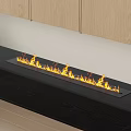 Modern Fireplace Interior Design With Flames On Black Hearth And Wooden Cabinets