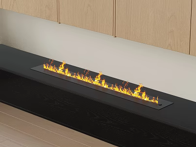 Modern Fireplace Interior Design With Flames On Black Hearth And Wooden Cabinets 3d model