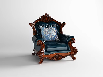 Classic Style Armchair With Dark Blue Leather Upholstery And Carved Wooden Frame Decorative Pillow 3d model